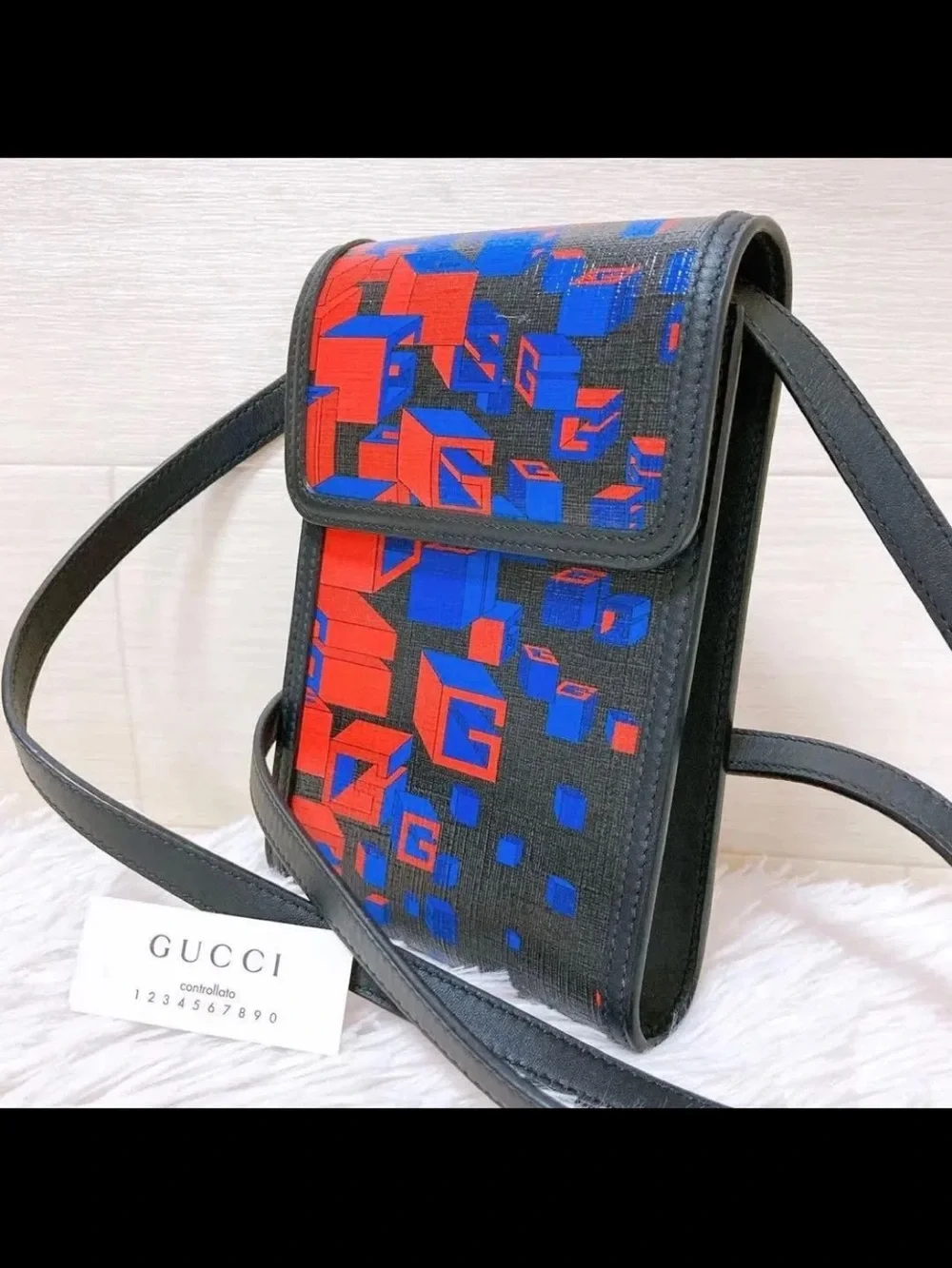 Gucci Black Crossbody Bag with Red & Blue Graphic Print